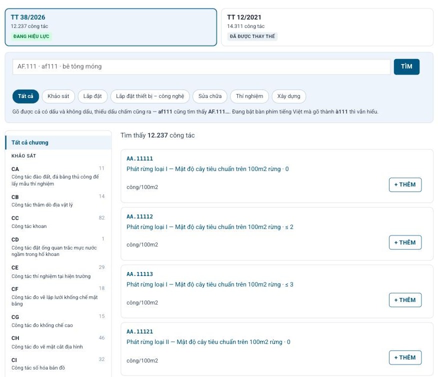 Màn hình tra cứu định mức online với hai thẻ chọn bộ TT 38/2026 và TT 12/2021