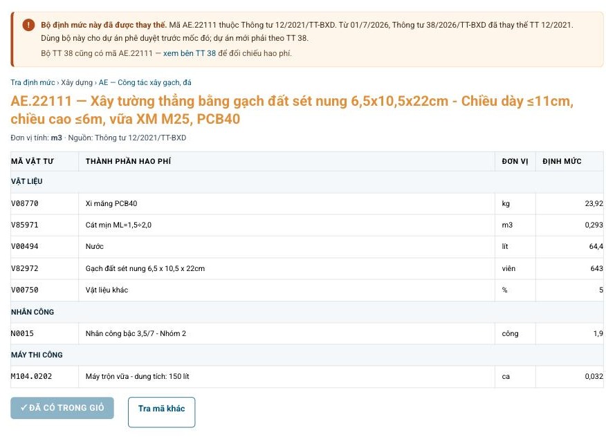 Dải cảnh báo màu cam trên trang chi tiết mã AE.22111 của bộ TT 12/2021, kèm liên kết xem mã tương ứng bên TT 38