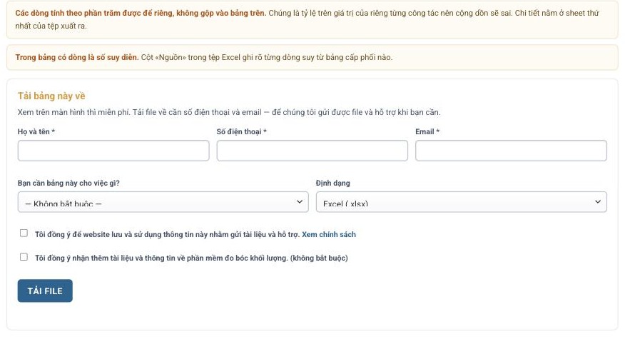 Khối tải file: ô họ tên, số điện thoại, email, mục đích sử dụng, chọn định dạng Excel PDF hoặc Word, hai ô đồng ý và nút Tải file